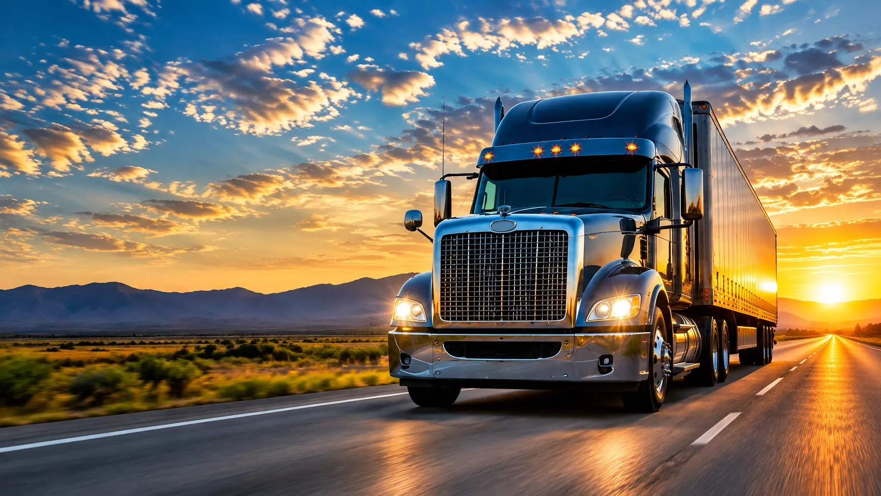 Semi truck on a sunlit highway